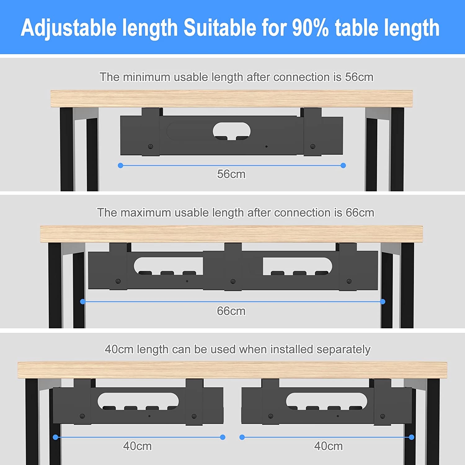 Large Under Table Cable Management Tray Adjustable Cord Wire Organizer for Standing Desk