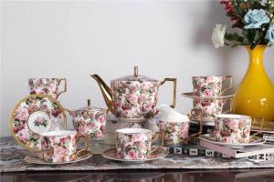 Quality Flat Bottom Commodious Handle British Floral Ceramic Tea Sets wholesale