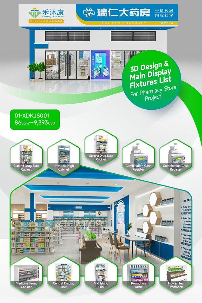 01-XDKJS001, Modern Tech Style Pharmacy Shop in Huizhou featuring 34 Main Fixtures within 86 Sqm and Approx. $9,393 Budget