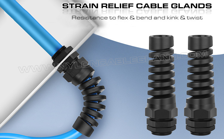 Strain Relief Flexible Cable Glands, Spiral, Nylon 6 (PA6), G1/4"~G3/4" Thread, IP68, Gray RAL7035 or Black RAL9005
