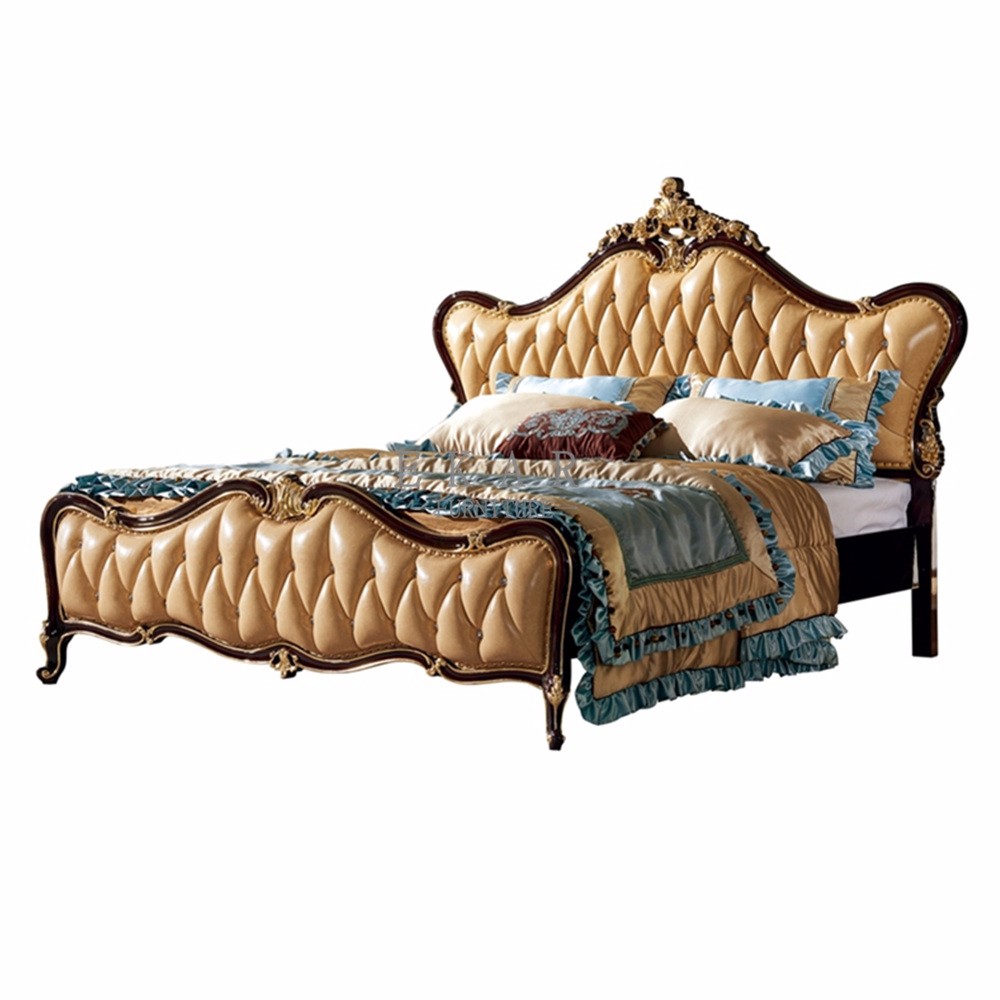 Black painting and gold leaf Solid Wood King Size Royal Wooden Design Leather Bed
