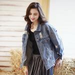 Washed Light Blue Loose Denim Blazer For Women