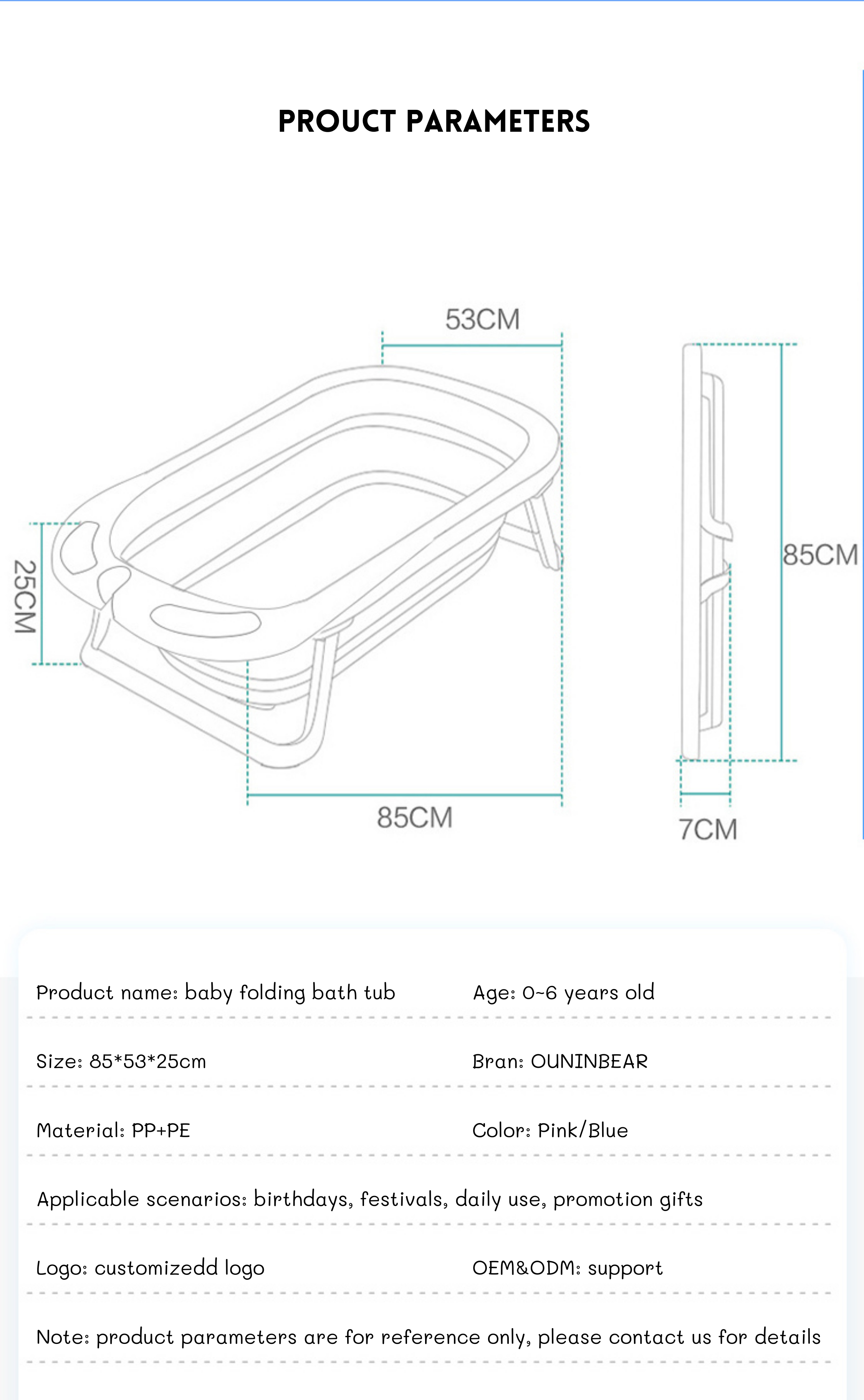 85*53*25cm Open Size Foldable Baby Bathtub With Stand Durable And OEM/ODM Support