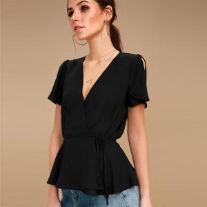 Quality Modesty V Neck Fashion Black Women Top With Plunging Neckline wholesale