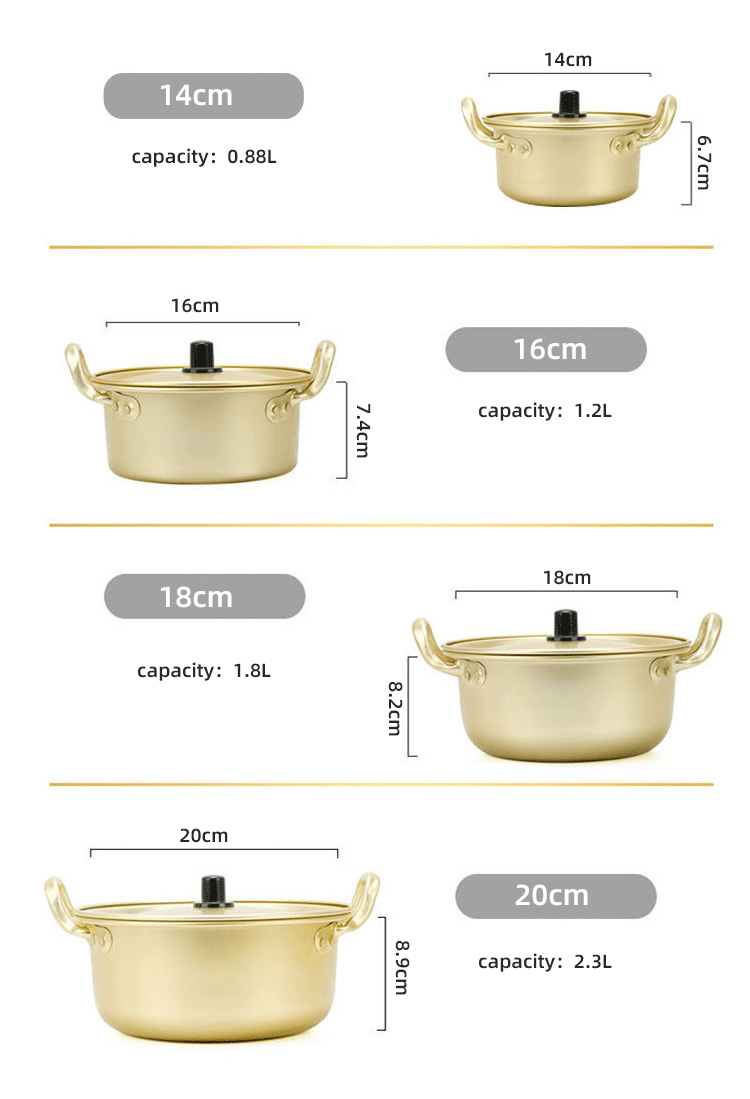Korean Cookware Kitchen Gold Instant Noodle Pot Home Stock Pot Small Pan Aluminum Ramen Soup Pot With Lid