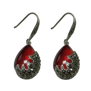 Quality Vintage Sterling Silver Created Garnet with Marcasite Dangle Drop Earrings(E12033RED) wholesale