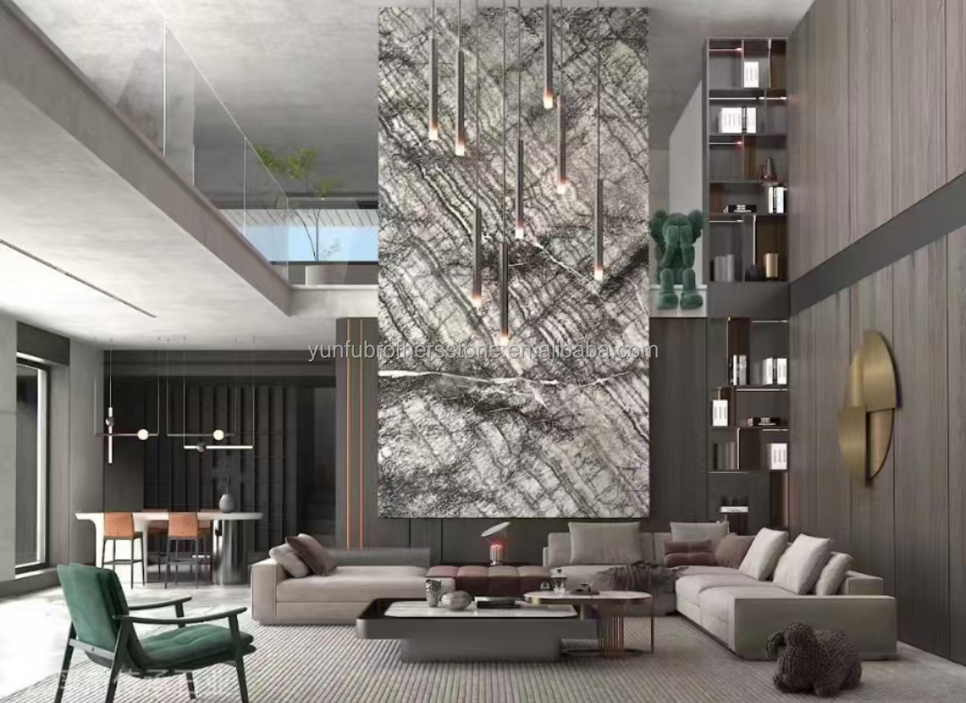 Italian Natural Stone Silver Fir Black Grey Look Marble Textured Slab for Home Wall Panel