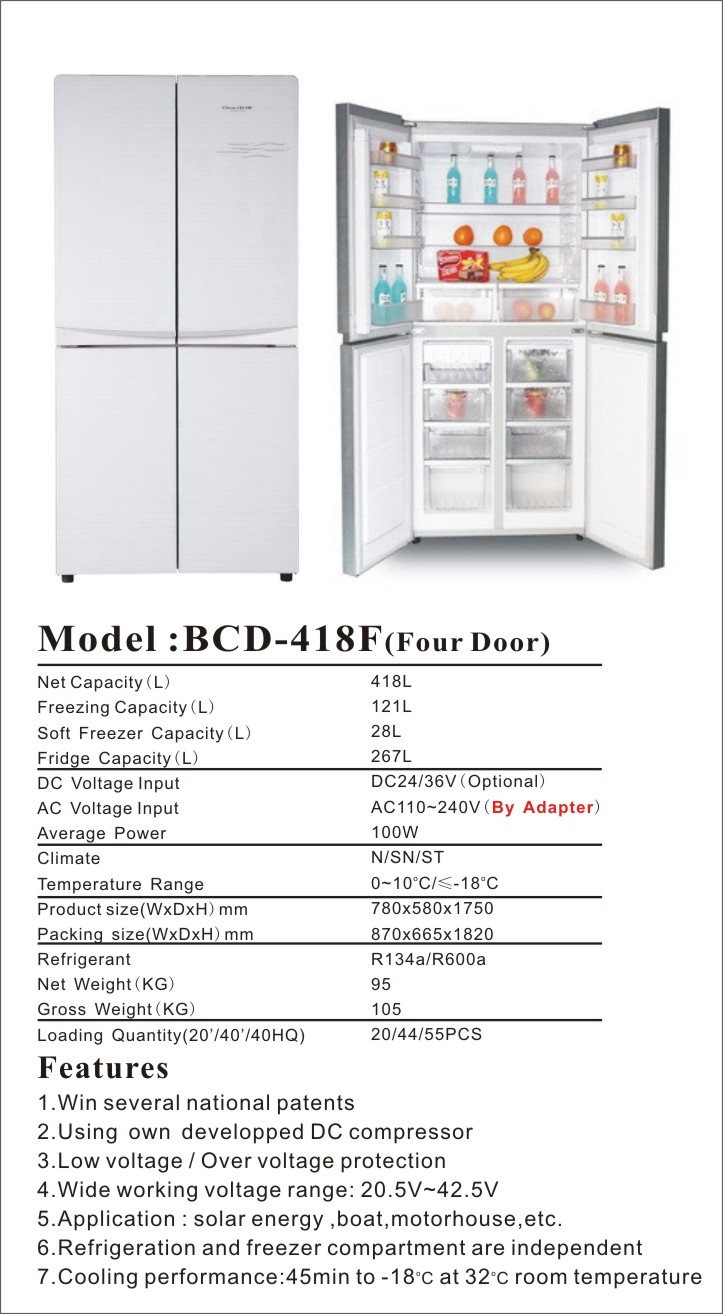 418L DC upright solar fridge freezer AC/DC compressor fridge 4 doors