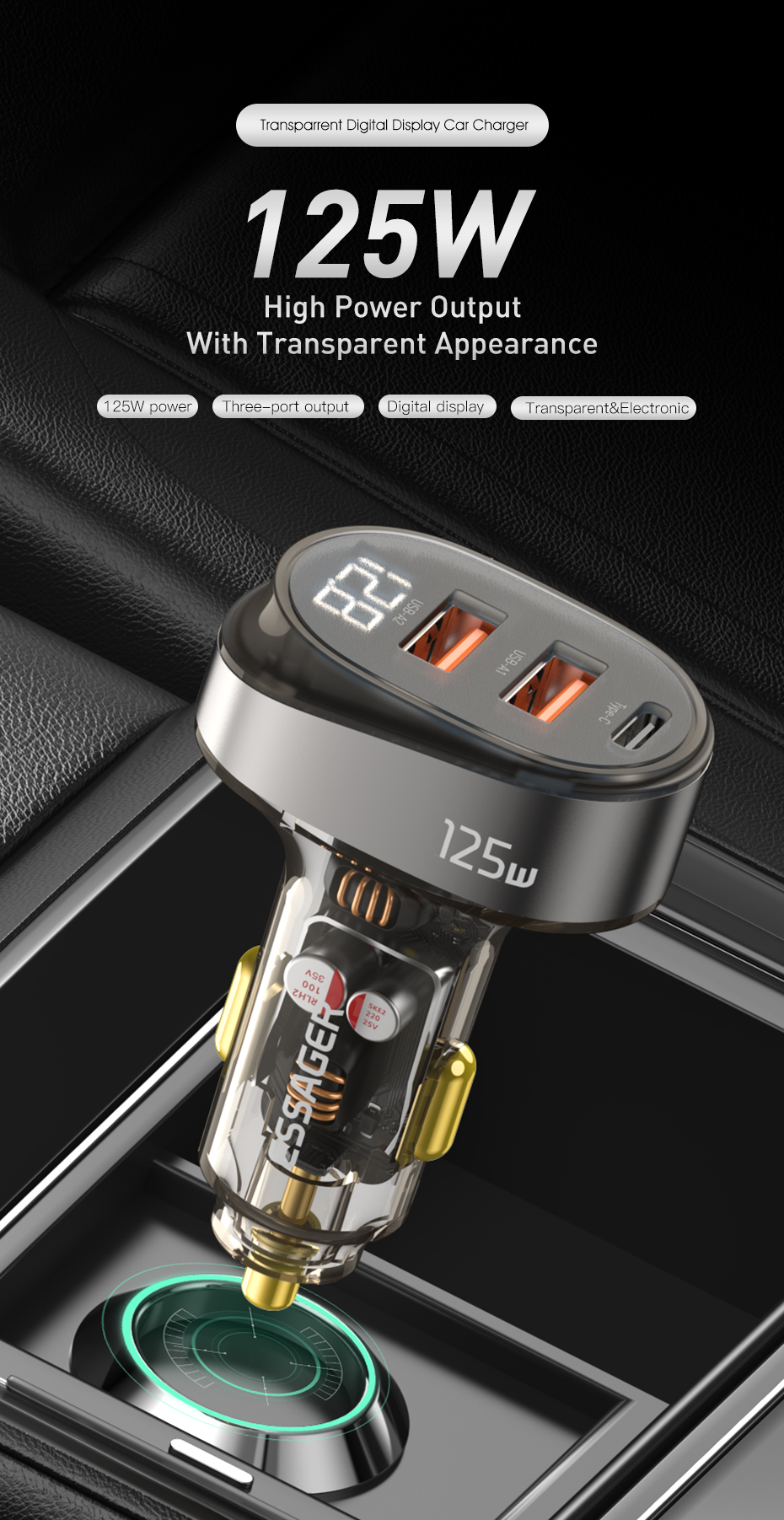 Official Store Digital Display Car Chargers 125W Transparent with 1 Type-C 2 USB-A