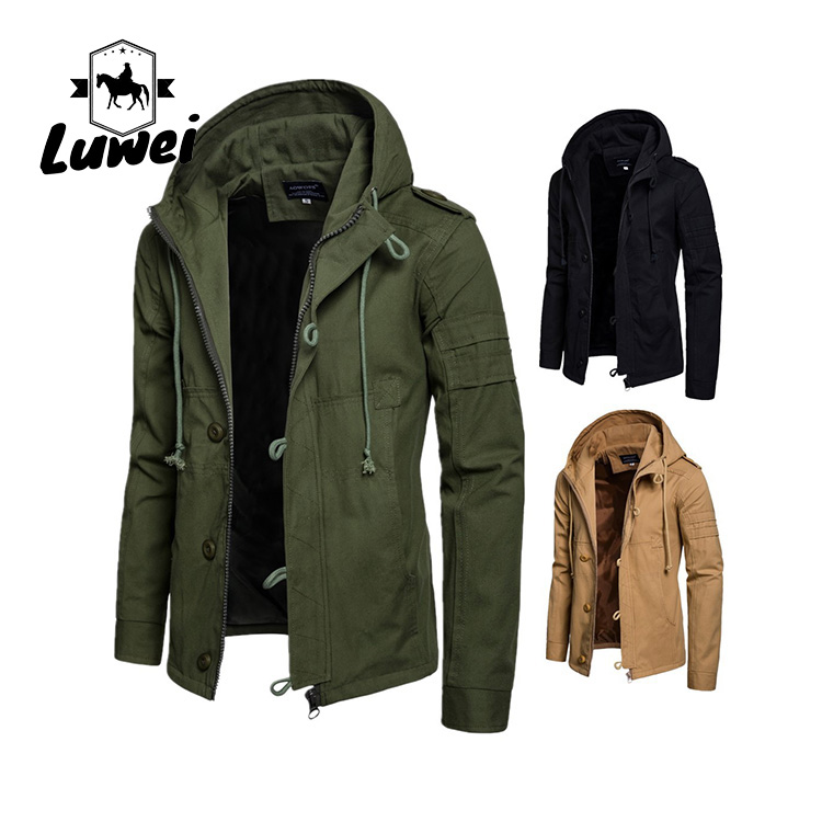 Winter Windproof Thin Work Outwear Blank Utility Cardigan Buttons Long Drawstring Hooded Coat Trench Men Jacket