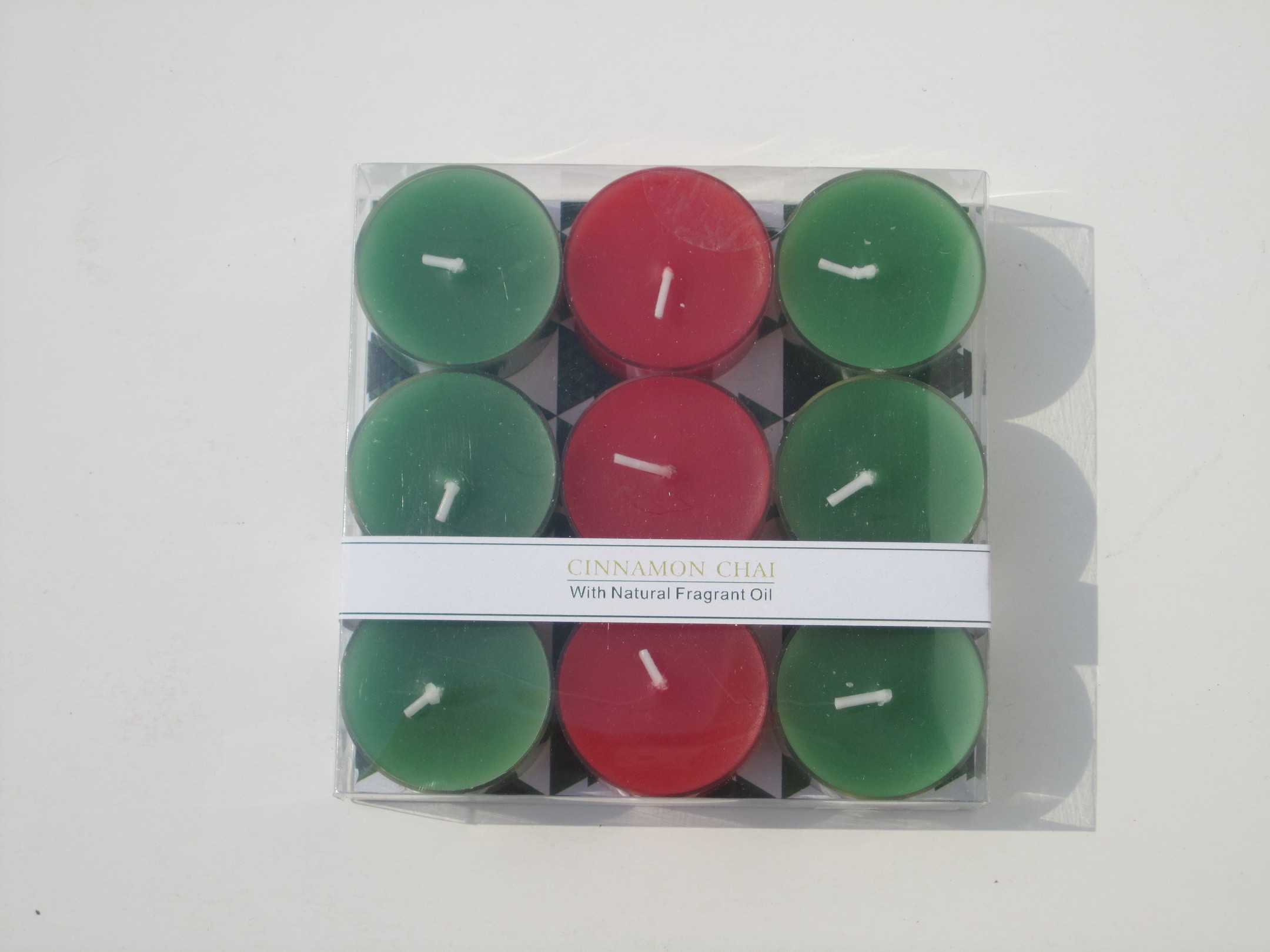 9pk Red & Green scented assorted tealight candle with clear plastic cup and printed label,packed by PET box