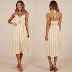 New arrival High Quality Mustard Stripe Beach Dress Summer Women Maxi Dress