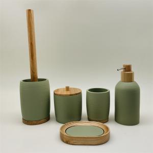 Quality Green color Polyresin Bath Accessory Set round shape with wooden parts wholesale