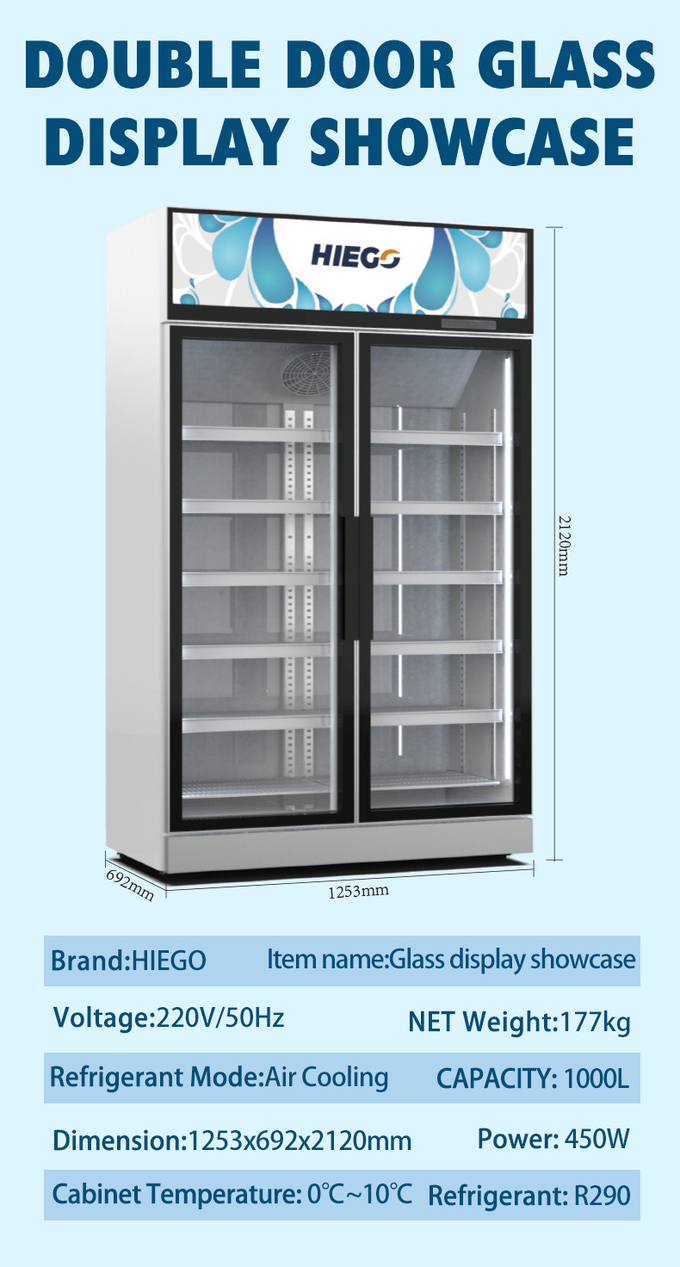 Air Cooling Upright 2 Glass Door Display Chiller 800L Digital Temperature Control