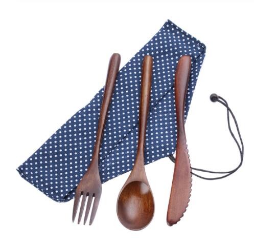 3Pcs Reusable Wooden Utensils Spoon And Fork Set For Travelling