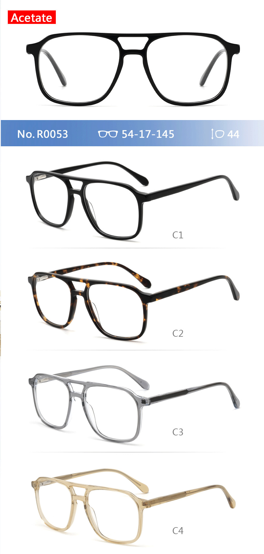 4 Colors Acetate Frame Optical Glasses Large Square 20Pcs Non Prescription