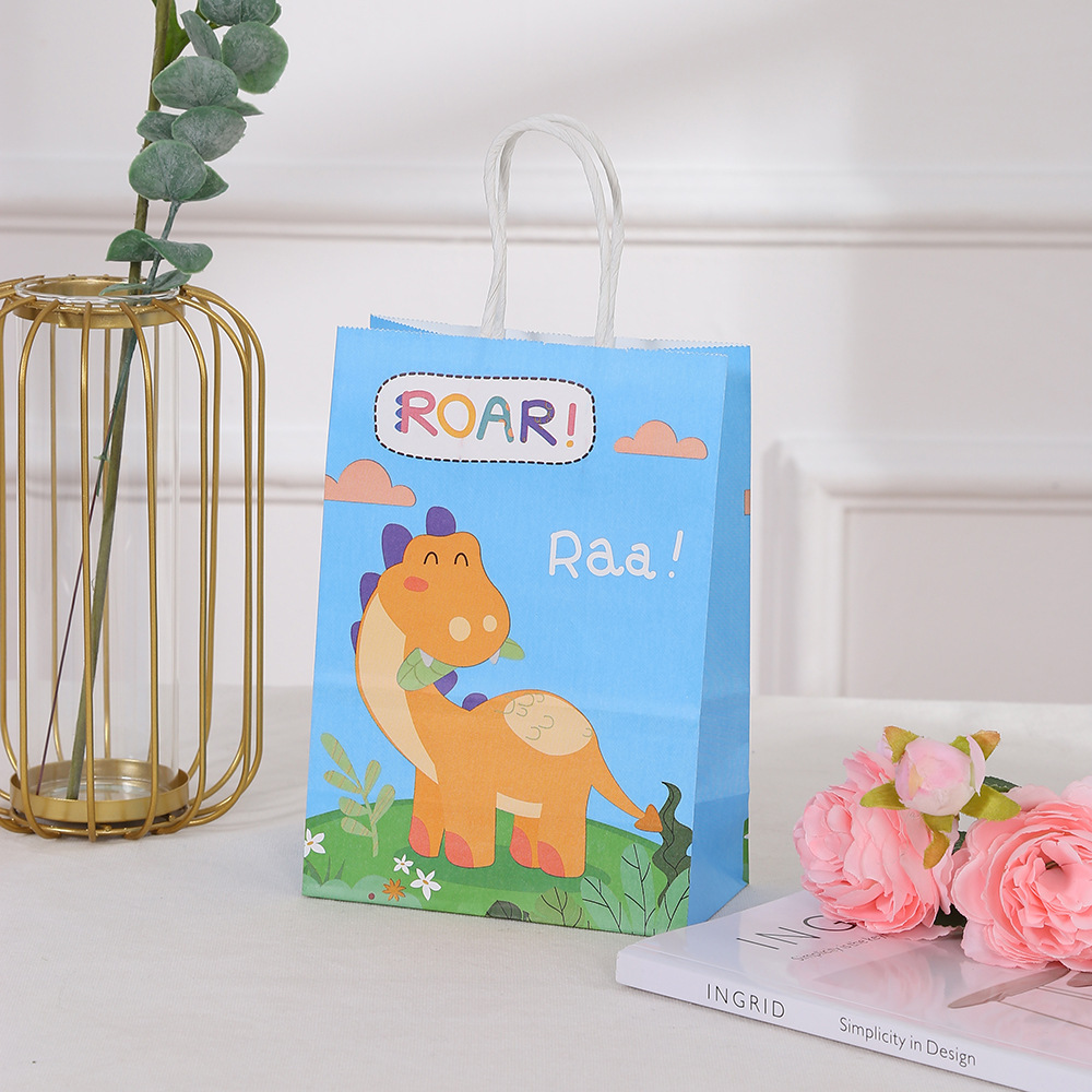 Brown Kraft Paper Dinosaur Hand Printed Cartoon Shopping Bag for Clothing in Shopping Mall