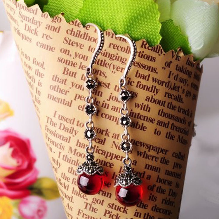 Antique Thai Silver Jewelry Sterling Silver Red Garnet Marcasite Drop Dangle Earring (E12031RED)