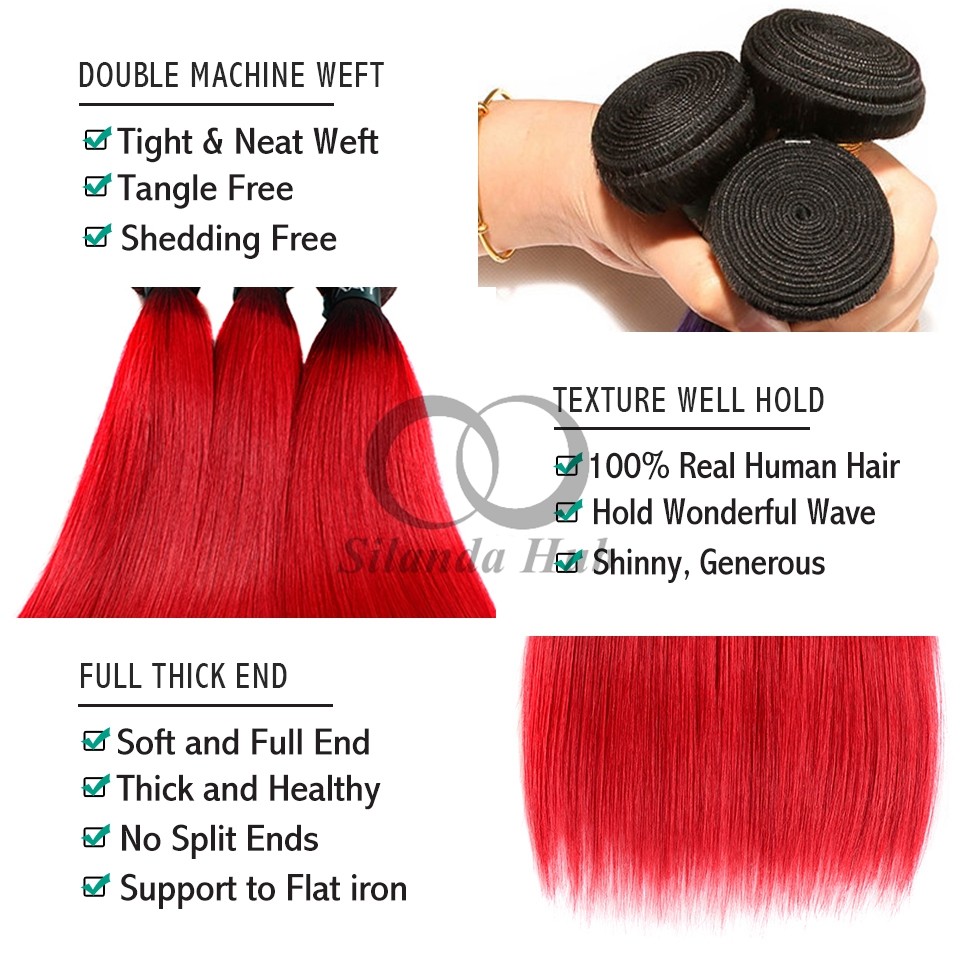 #T1B/Red Straight Remy Human Hair Bundles Sew In Weave Bundles Brazilian Bundle Deals
