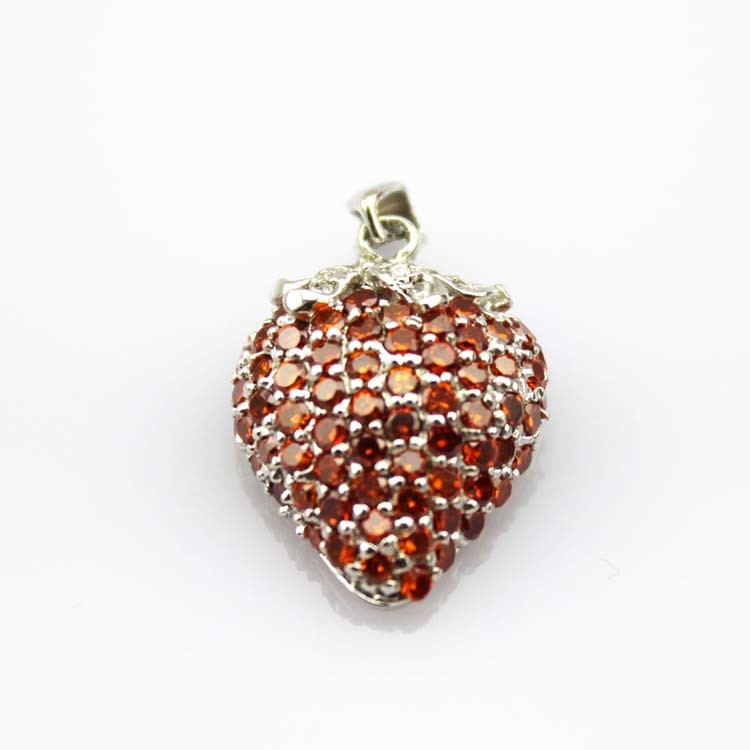 925 Sterling Silver Created Garnet Strawberry Pendant Necklace (P31)