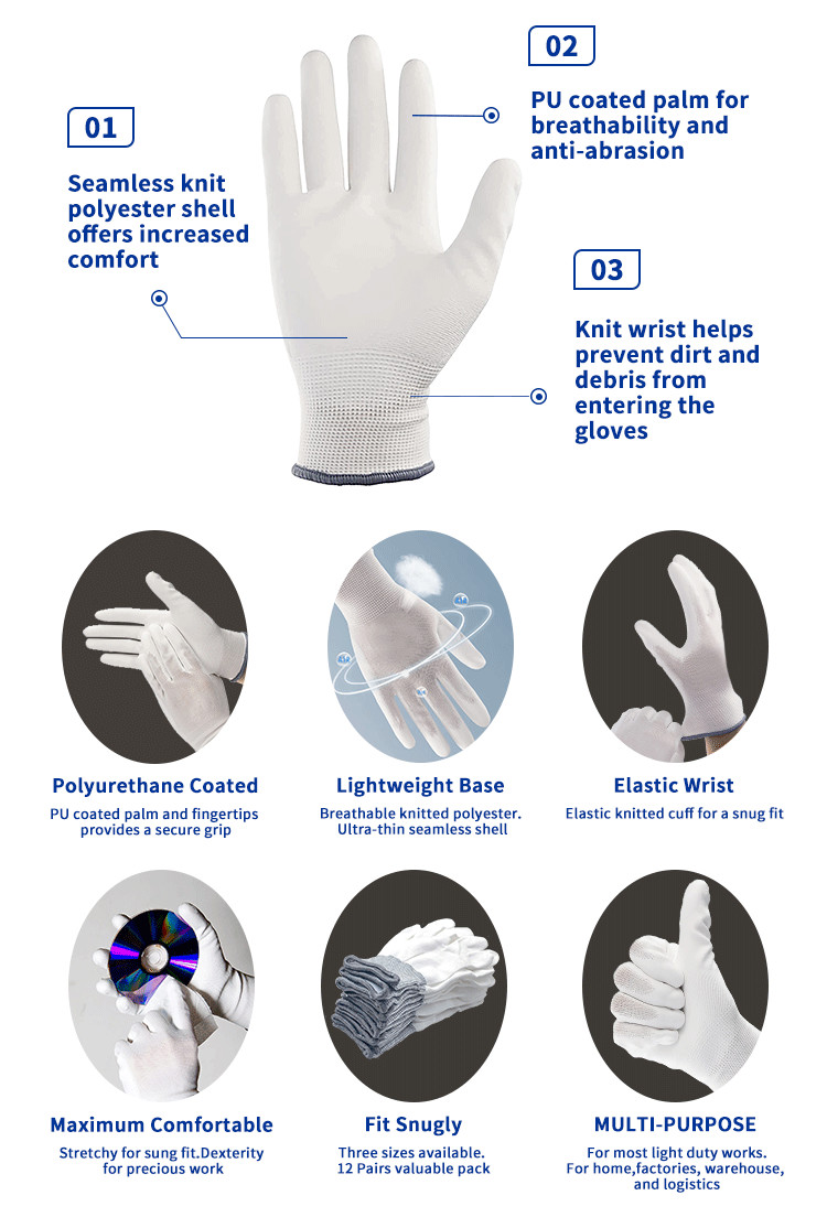 White PU Coating Cleanroom Gloves Anti Static ESD Work Mitten Carbon Fiber Safety Hot Selling