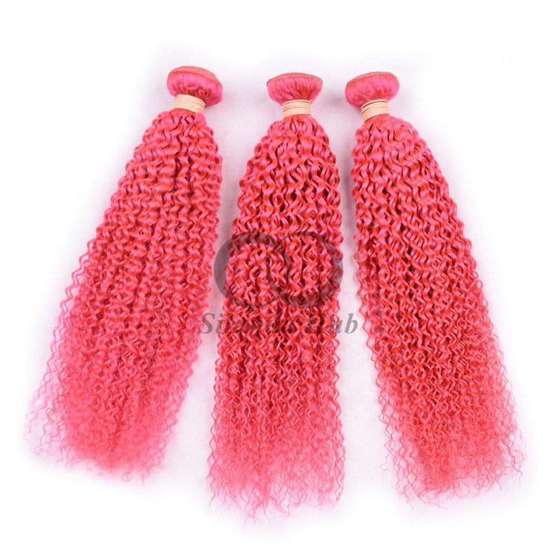 Pink Kinky Curly Remy Human Hair Bundles Sew In Weave Bundles Brazilian Bundle Deals