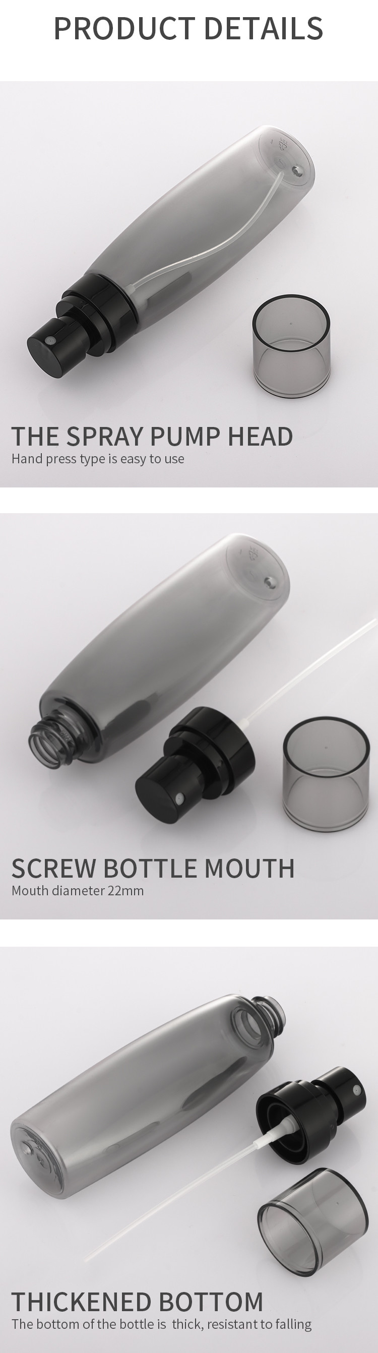 Biodegradable plastic bottle supplier pet cosmetic packaging customised spray bottles