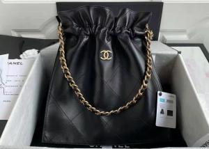 Quality Bucket Genuine Leather Shoulder Handbag , 30cm Black Chain Handbag wholesale