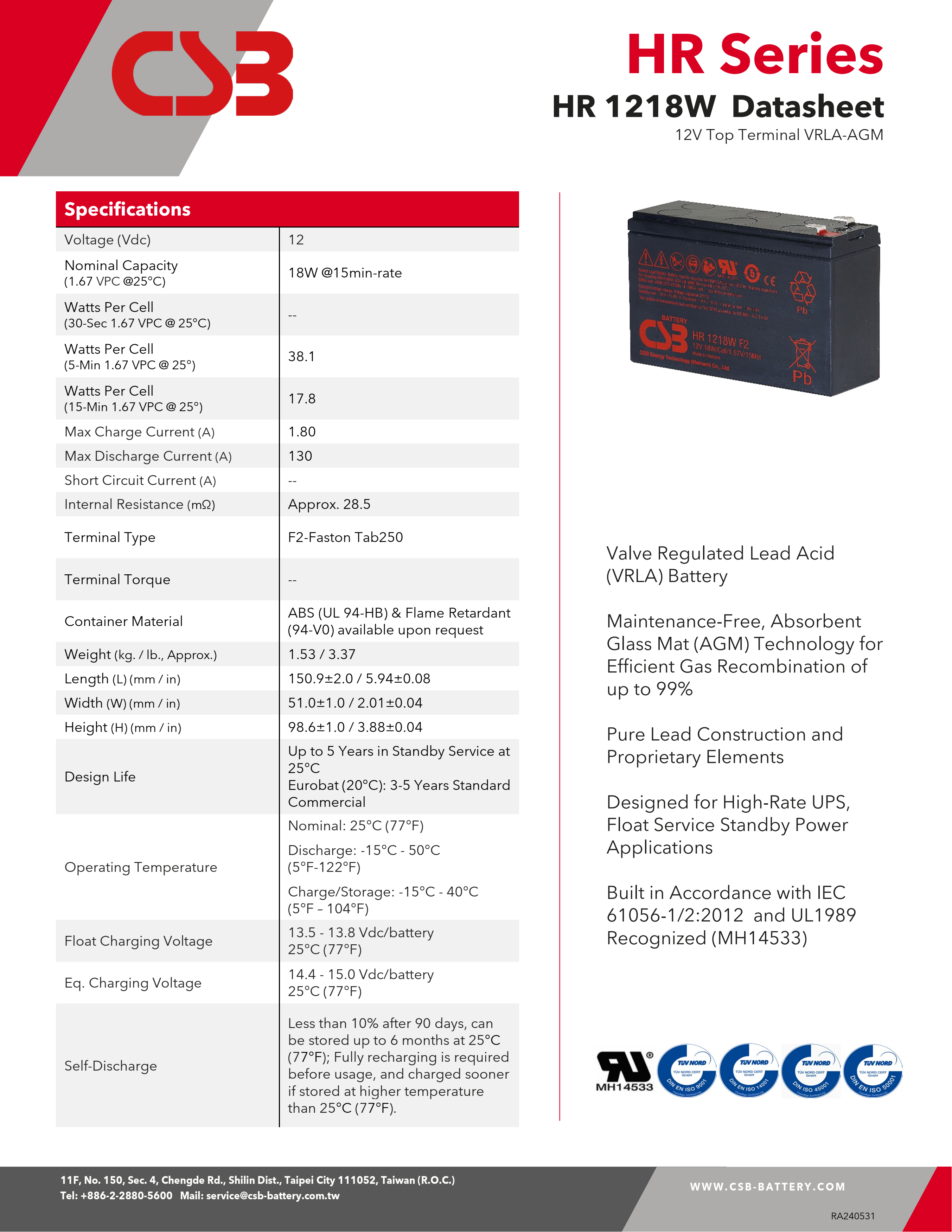 CSB Battery HR1218W 12V 18W 1.67V High Performance Rechargeable Maintenance-Free 12V 18W Lead Acid Battery