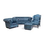 Blue Vintage Leather Chesterfield 3 Seater Sofa Set Low Back Style