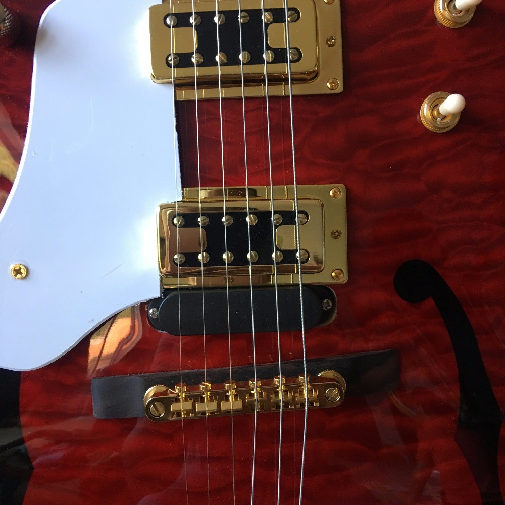 Grand Transparent red, gold tremolo. Free delivery, picture real shooting 333 jazz old electric guitar quilted maple top
