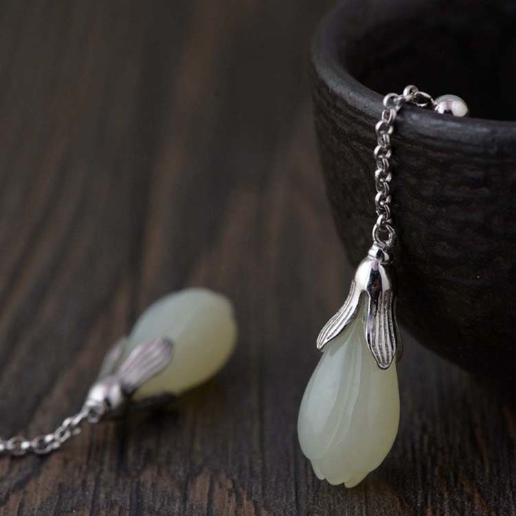 Women Retro 925 Sterling Silver Natural Jade Drop Earrings(TRS30811)