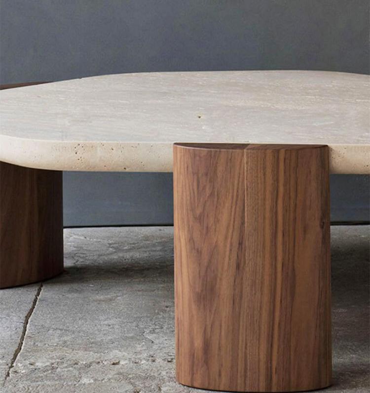 Minimalist Walnut Natural Stone Table Round Antique Marble Top Coffee Table