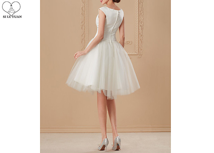 Off White Short Fitted Wedding Dress Sleeveless Top Satin Tulle Hems Back Zipper