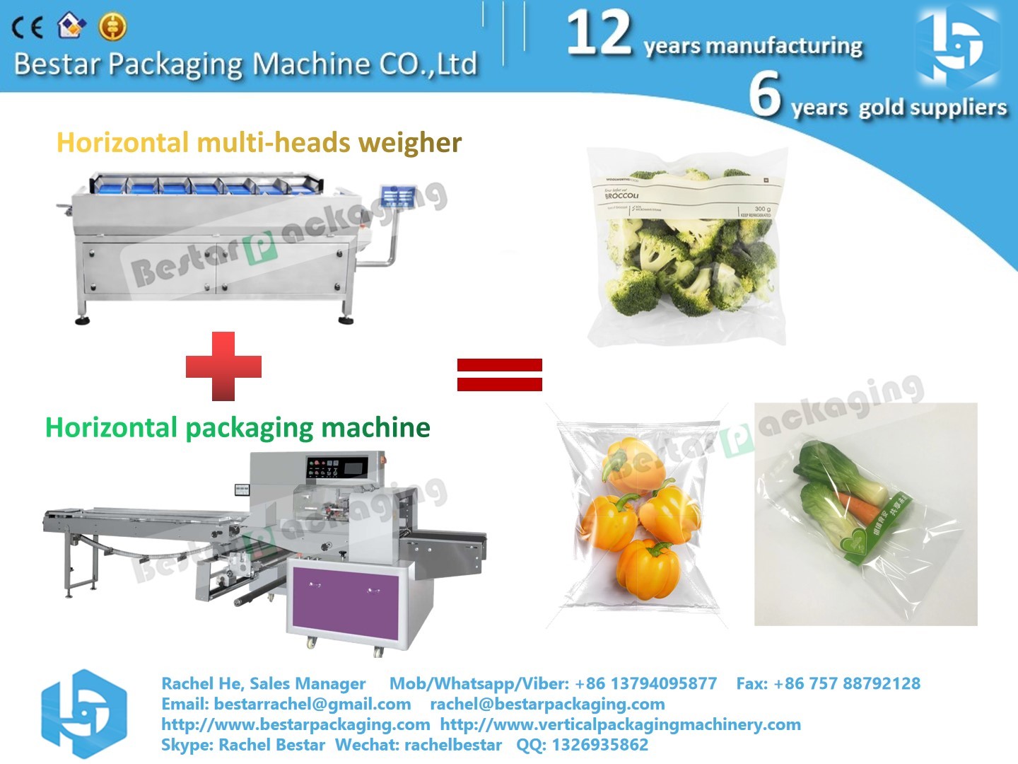 Bestar horizontal flow packing machine with 12 heads horizontal weigher for fruits vegetables