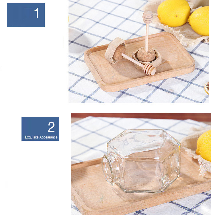 Wooden Lid 12 Oz 13.4oz Hexagon Glass Honey Jar Transparent