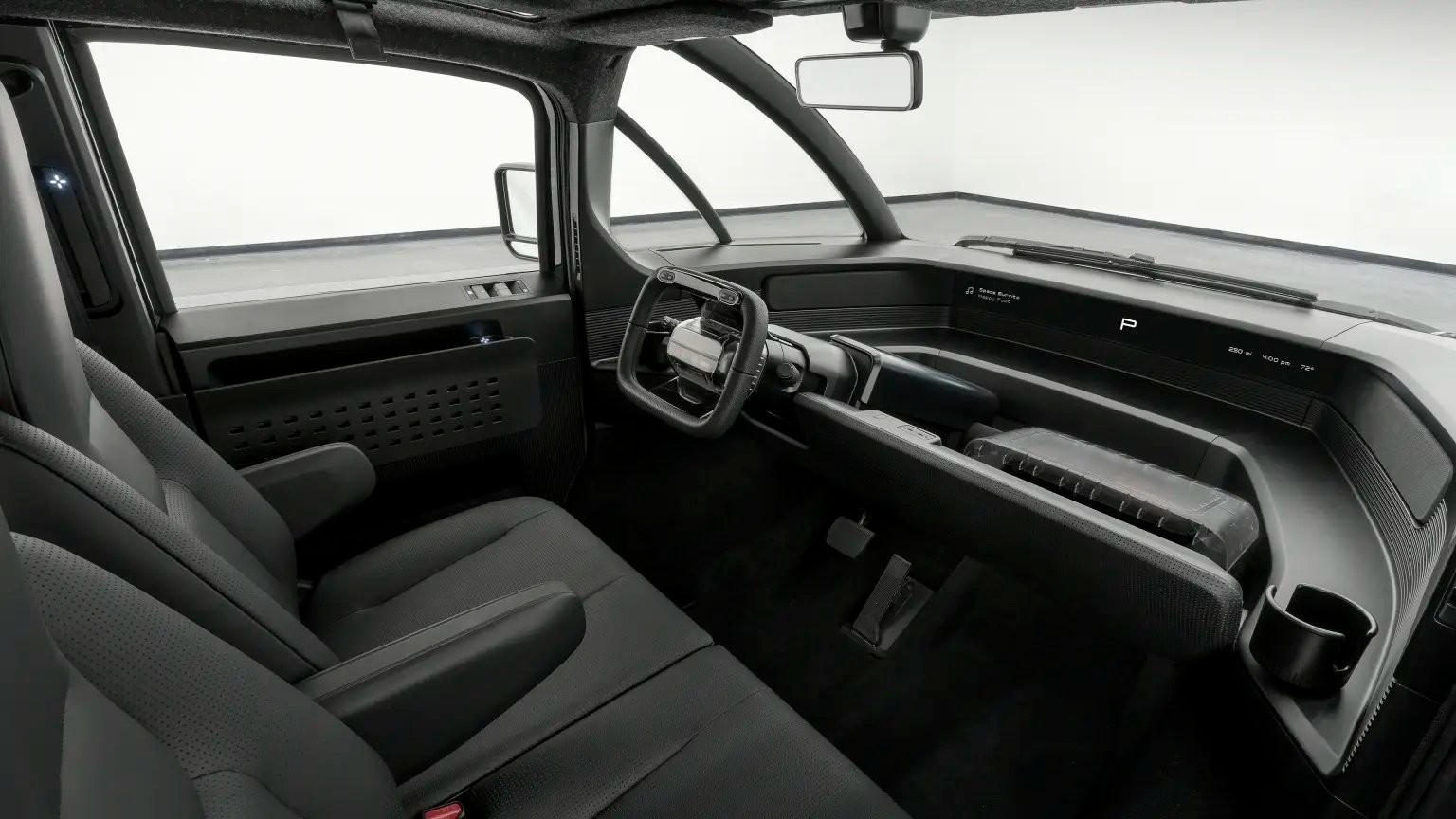 A purpose-built trcuk Canoo pickup w 8 ft bed with ample storage interior