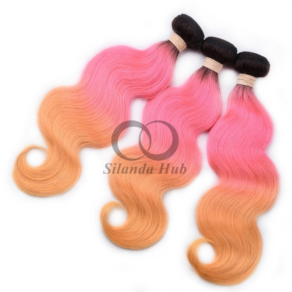 #T1B/Pink/Orange Body Wave Remy Human Hair Bundles Sew In Weave Bundles Brazilian Bundle Deals