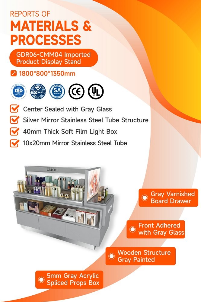 GDR06-CMM04 Skincare Display Stand with 40mm Soft Film Light Box and 5mm Gray Glass for Luxury Retail