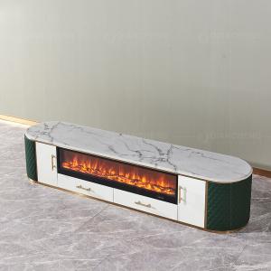 Quality 201 Stainless Steel TV Stand 78'' Leather Upholstered Oval Stone With Storage Fireplace 3D Electric LED Flame Wooden wholesale