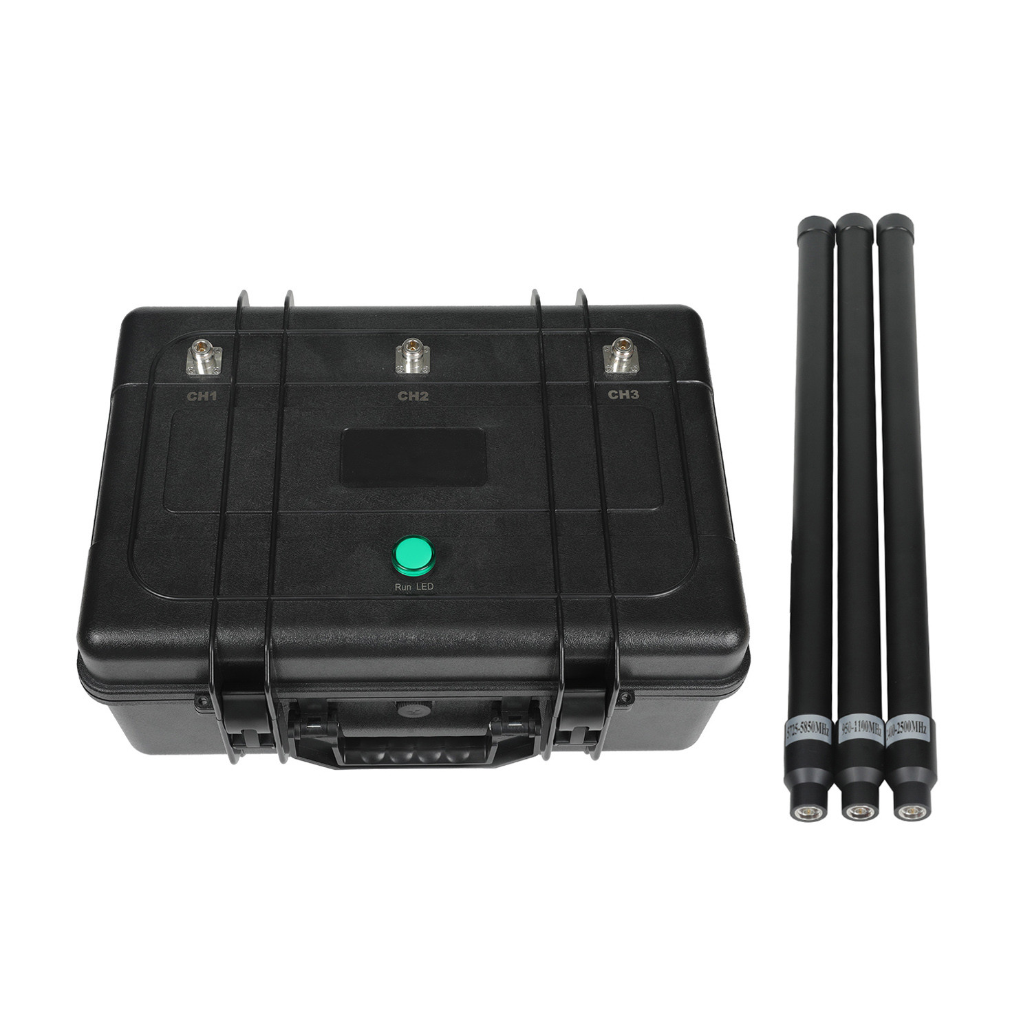 3 antennas 150W powerful briefcase design signal jammer blocks 2400-2500MHz,850-950MHz, 5725-5850MHz etc,. customizable signals, with a coverage range