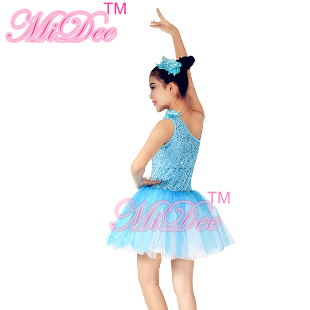 Diagonal Neckline Glitter Floral Tutu Dress Blue Little Girls Dance Clothes