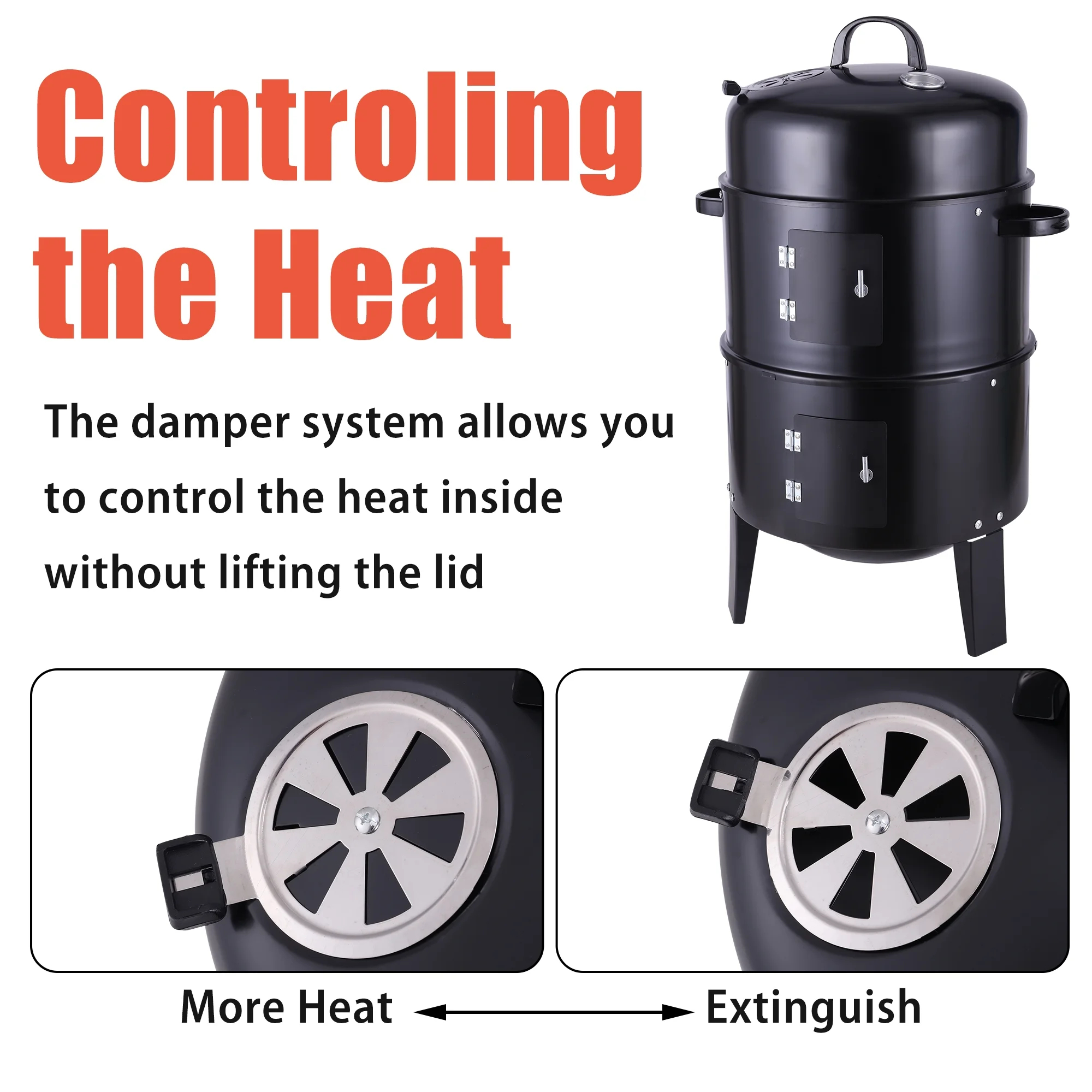 Thermometer Equipped 3-in-1 Vertical Steel Charcoal Smoker for Home Party Celebration