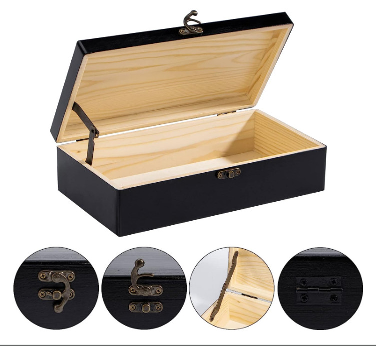 Rectangle Black Wooden Storage Box With Hinged Lid 9.7x5.5x2.7Inch