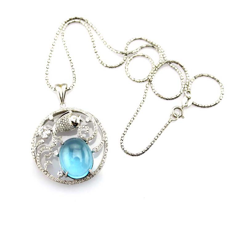 Fashion Silver Jewelry Oval Dome Blue Topaz CZ Fish Charm Jewelry (PSJ0354)