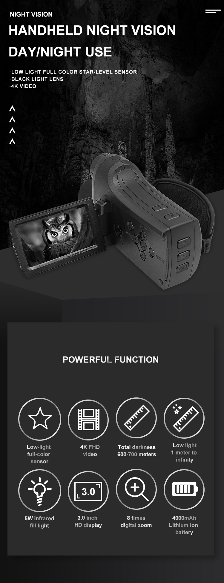 800 Meters Day Night Monocular Long Range Total Darkness Viewing Distance Video Camcorder Function