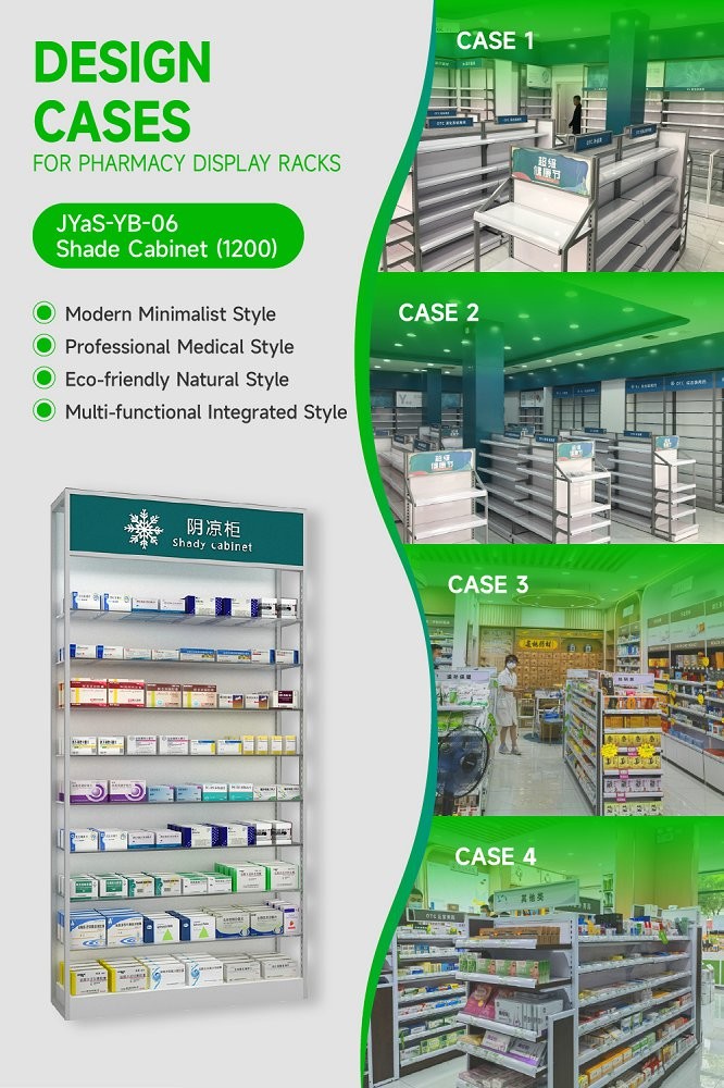 JYaS-YB-06 Eco-friendly Community Pharmacy Shade Cabinet with White Glossy Boards and Clear Glass Shelves