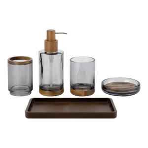 Quality Glass Bathroom Sets Bath Kits Smoke Color Round Shape Wood Part Glass Bathroom Soap Dispenser wholesale