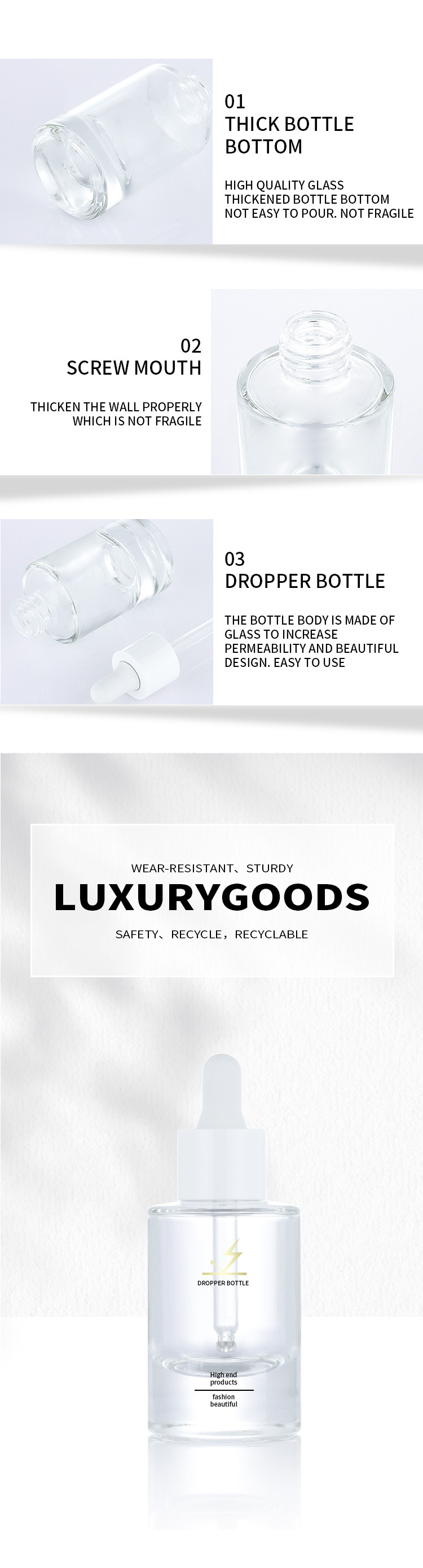 OEM/OEM service transparent matte 30ml liquid essential oil hair dropper bottle