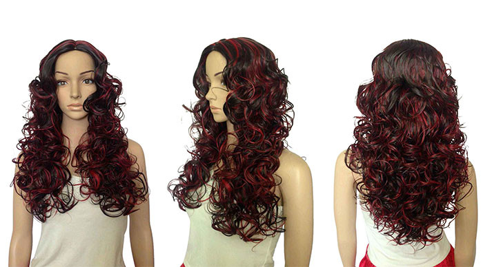 Fashion Black / Red 22 Inch Long Synthetic Wigs For Ladies Curly Wave Hair